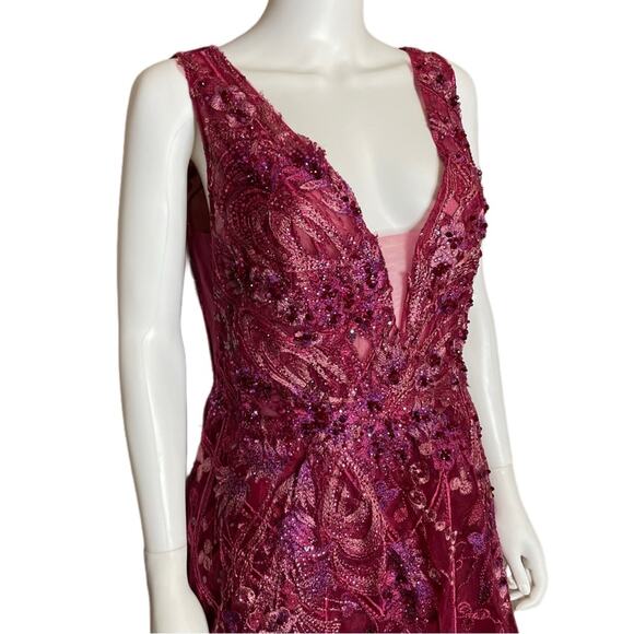 Ieena for Mac Duggal Embroidered Sleeveless Plunge Neck A-Line Gown Berry Sz 12 - Picture 4 of 10